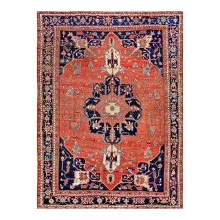 Marvelous Red and Blue Color With Unique Medallion Design Antique Serapi Persian Rug For Sale