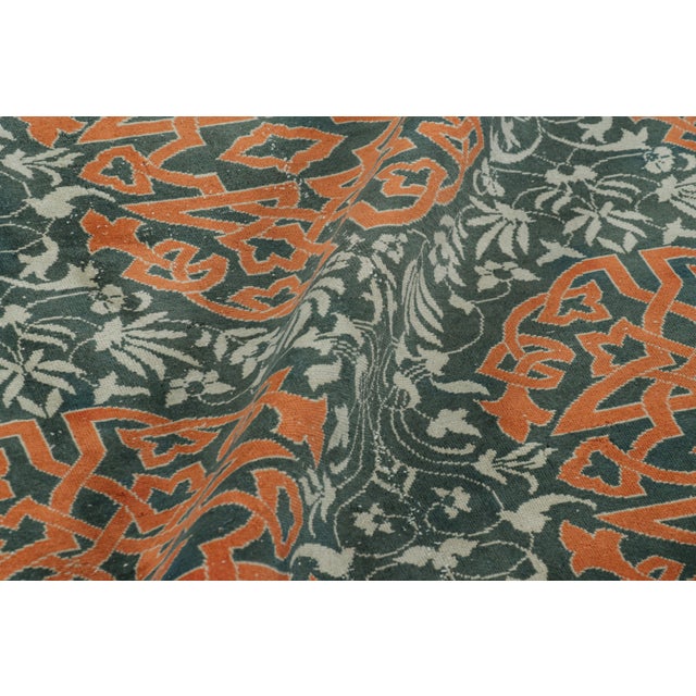 Textile Vintage Hereke Rug in Teal With Orange Arabesque Medallions | Rug & Kilim For Sale - Image 7 of 8