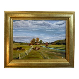 Pastoral Cow Landscape Oil Painting - Singed JKR For Sale