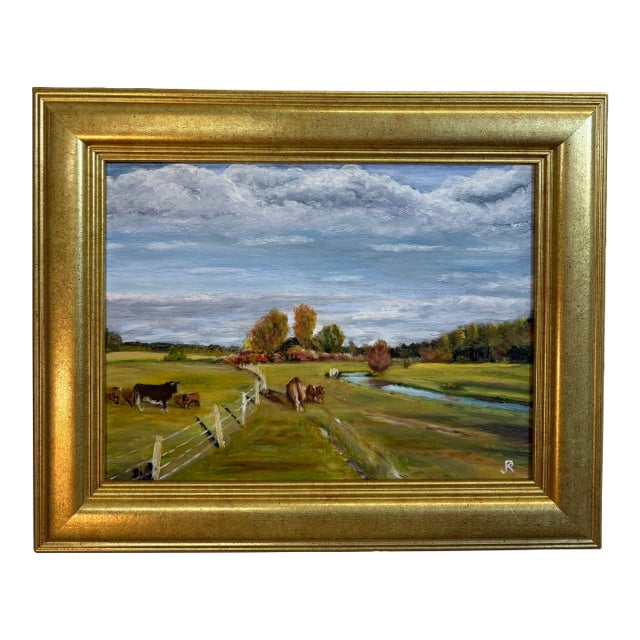 Pastoral Cow Landscape Oil Painting - Singed JKR For Sale