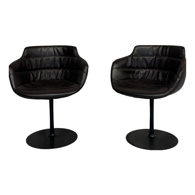 Vintage Brown Leather Swivel Cocktail Chairs, Italy, 1980s, Set of 2 For Sale