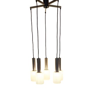 Vintage Five-Light Ceiling Lamp with Chrome-Plated Metal and Glass Shades from Hillebrandt-Leuchten, 1970s For Sale