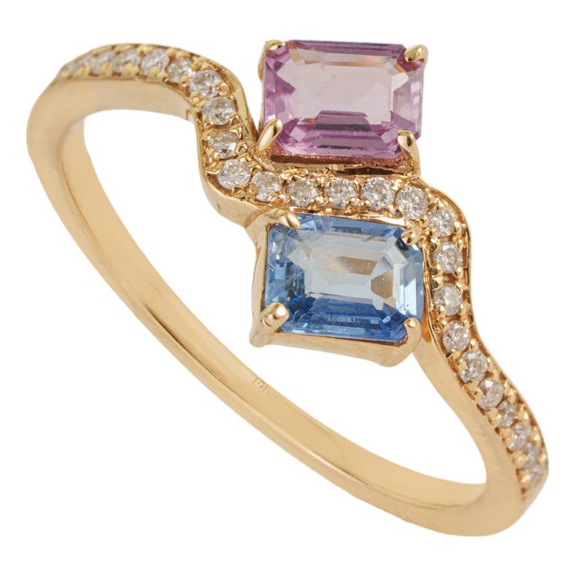 VRJewels 14k Yellow Gold Multi Sapphire & Diamond Toi Et Moi Wave Ring Size 5 For Sale