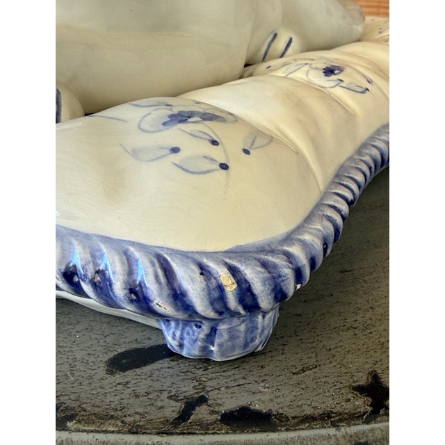 Vintage Chinoiserie Italian Blue and White Ceramic Cat on Cushion Sculpture For Sale - Image 10 of 12
