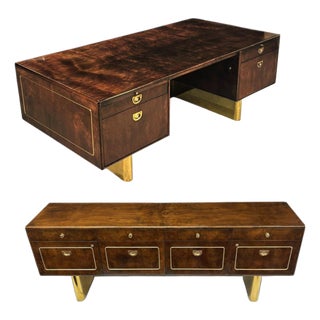 1970s Romweber Burl Elm Wood and Gold Trim Executive Desk and Credenza Set For Sale