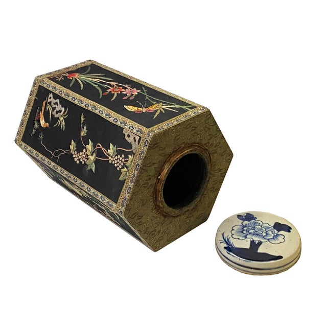 Wood Chinese Black Hexagon Container Flower Birds Embroidery Porcelain Cover For Sale - Image 7 of 11