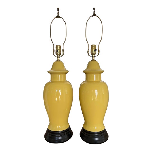 Mid Twentieth Century Yellow Glazed Palm Beach Regency Temple Jar Lamps, a Pair For Sale