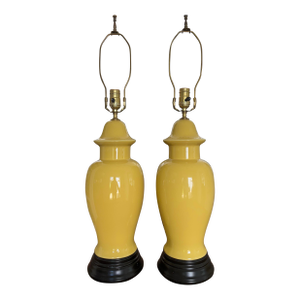 Mid Twentieth Century Yellow Glazed Palm Beach Regency Temple Jar Lamps, a Pair
