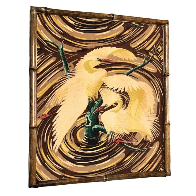 This framed crane barkcloth fabric sample, produced by the Spectrum company around 1949, served as a showcase of mid-...