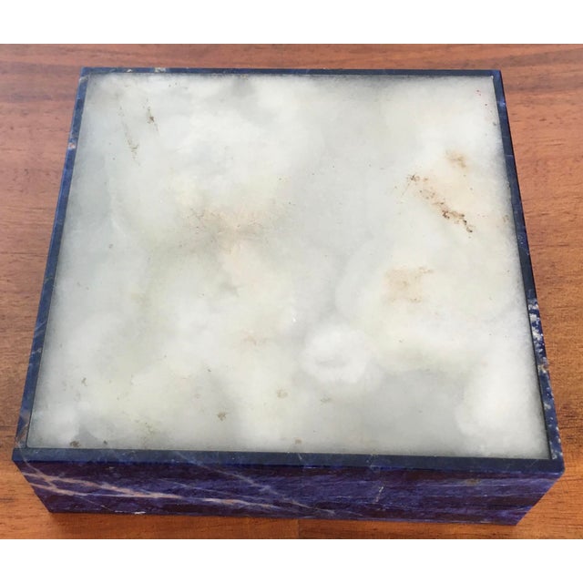 Vintage Lapis Lazuli Semi Precious Stone Box With Hinged Lid White Marble or Alabaster Interior. For Sale - Image 4 of 8