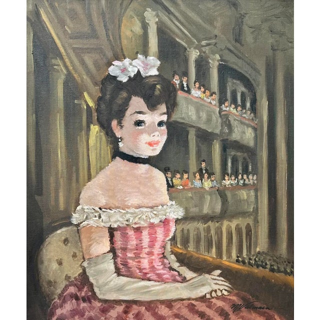 An original vintage circa 1950 mid century French oil painting of a girl at the opera by M Valmain. Oil painting on canvas...