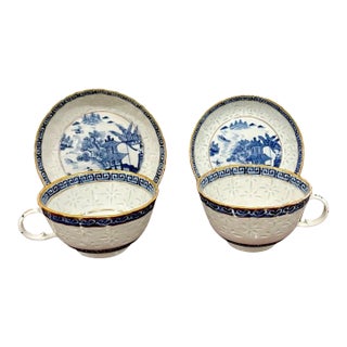 19th Century Blue & White Nanking 'Rice Grain' Cups & Saucers, Qianlong Marked - a Pair For Sale