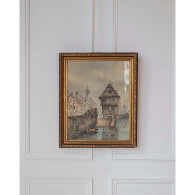 A finely rendered watercolor painting depicting a picturesque European canal scene, likely inspired by the historic...