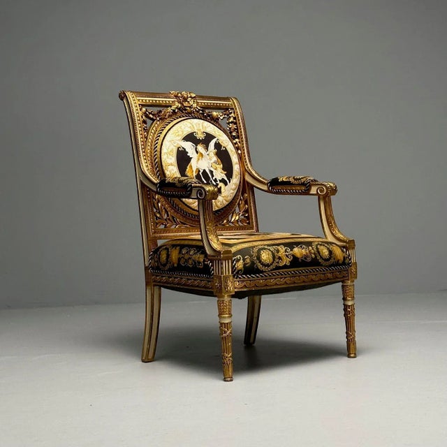 Louis Xvi, French Arm Chair, Versace Fabric, Giltwood, France, 1960s For Sale - Image 4 of 12