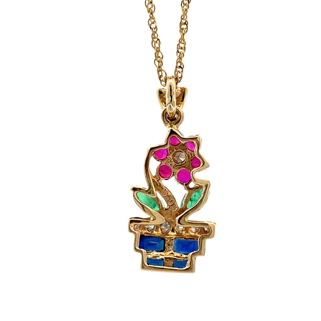 Modern 14k Yellow Gold Multi-Gemstone Flower Vase Necklace For Sale - Image 3 of 10