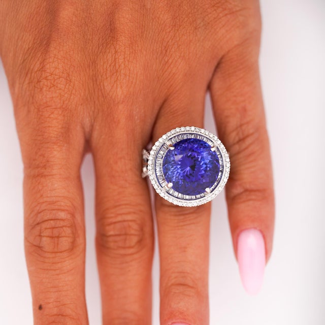 15.50 Carat Round Tanzanite & 1.50 Carat Diamond Double Halo 14k White Gold Ring, Size 6.5 For Sale - Image 10 of 10