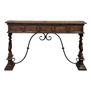 Mid Century Spanish Walnut Sofa Table ~ Console With Hand Forged Iron Stretcher For Sale