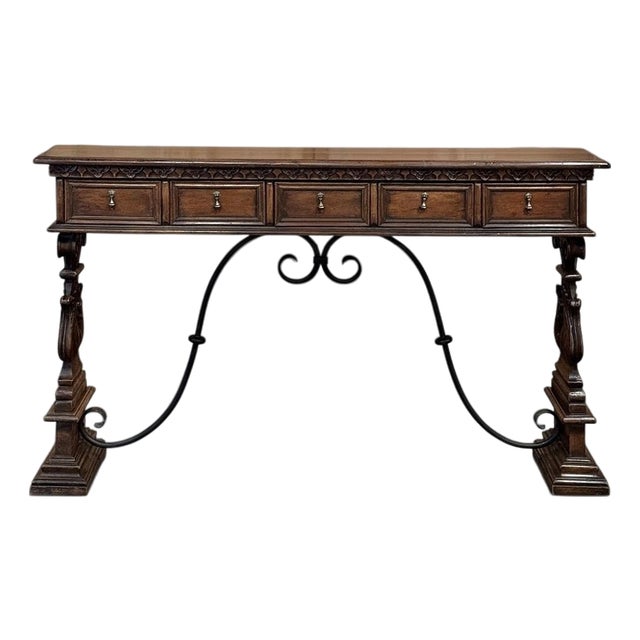 Mid Century Spanish Walnut Sofa Table ~ Console With Hand Forged Iron Stretcher For Sale