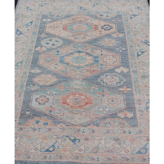 Modern Oushak With Three Large Medallion Design on a Blue-Gray Field. Keivan Woven Arts; rug AWR-8184 Country of Origin:...