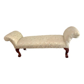 Vintage Carved Wood Damask Upholstered Settee / Bench – 62” For Sale