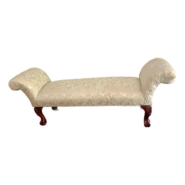 Vintage Carved Wood Damask Upholstered Settee / Bench – 62” For Sale