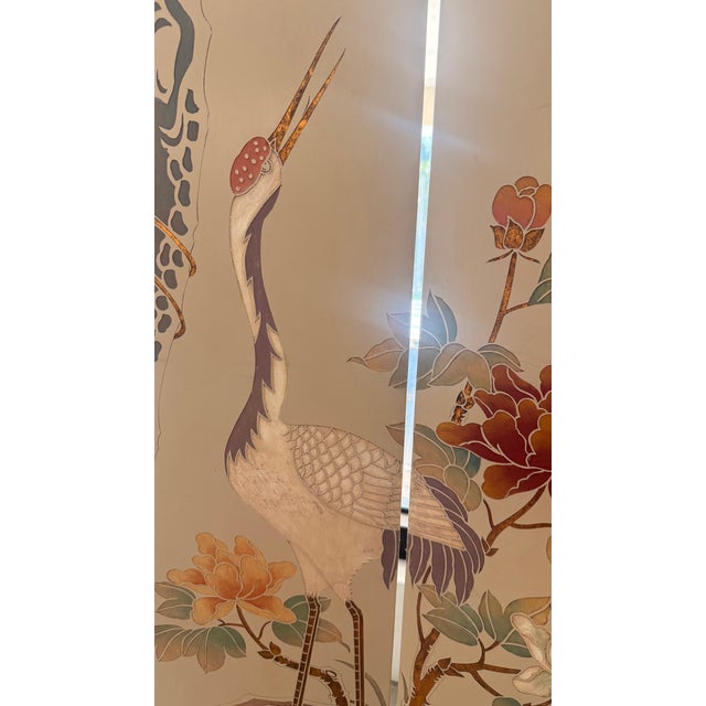 Vintage Asian Chinoiserie 4-Panel Gold Leaf Room Divider Screen With Cranes For Sale - Image 10 of 13