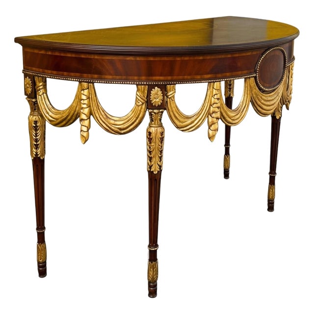 20th-C. Georgian Style Inlaid Mahogany & Giltwood Demilune Console Table by Maitland-Smith For Sale