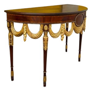 20th-C. Georgian Style Inlaid Mahogany & Giltwood Demilune Console Table by Maitland-Smith
