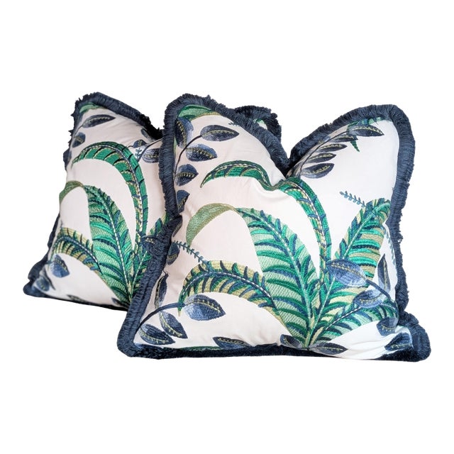 Stroheim Irene Oceanside Embroidered Pillows With Brush Fringe For Sale