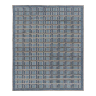 Contemporary Geometric Cotton Dhurrie Rug in Blue & Gold by Rug & Kilim, India For Sale