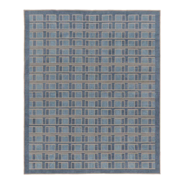 Contemporary Geometric Cotton Dhurrie Rug in Blue & Gold by Rug & Kilim, India For Sale