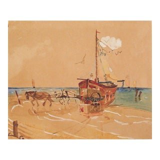 1935 Sea Coast Harbor Boat Watercolor Painting For Sale