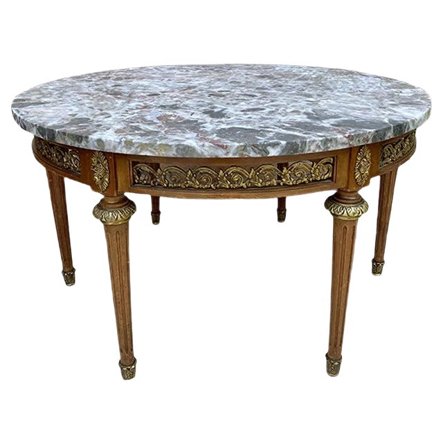 20th Century French Louis XVI Style Bronze, Round Marble & Oak Table For Sale