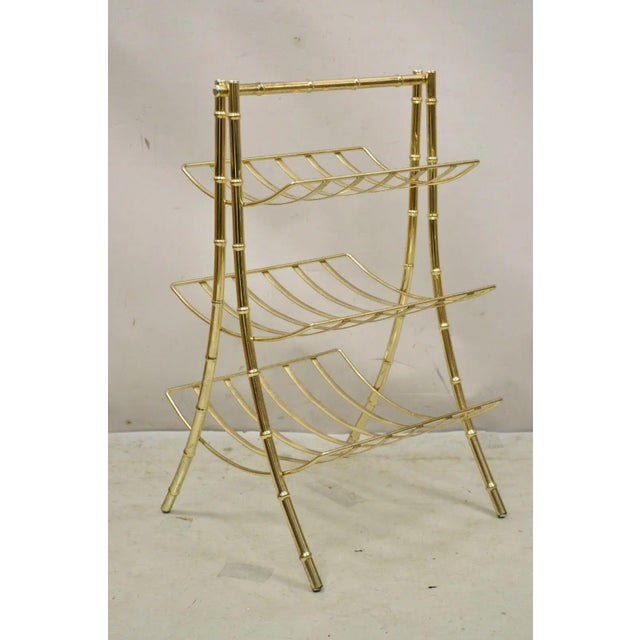 Late 20th Century Vintage Gold Metal Faux Bamboo 3 Tier Hollywood Regency Magazine Rack Stand For Sale - Image 10 of 11