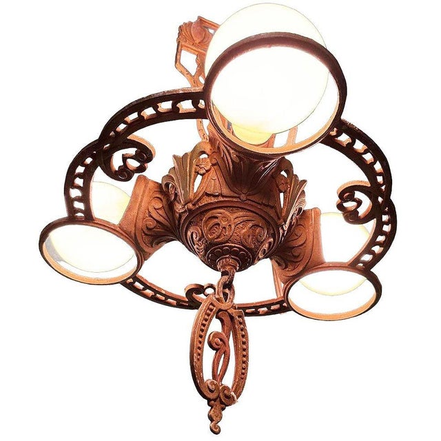 This genuine antique 1920s Art Deco three-light chandelier is from the John C. Virden Company, part of Virden's Winthrop...