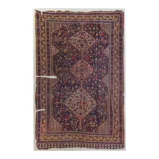 1900s Antique Rug Diamond Medallion Hand Knotted Distressed Wool on Linen Area Rug - 5’5” X 8’4” For Sale