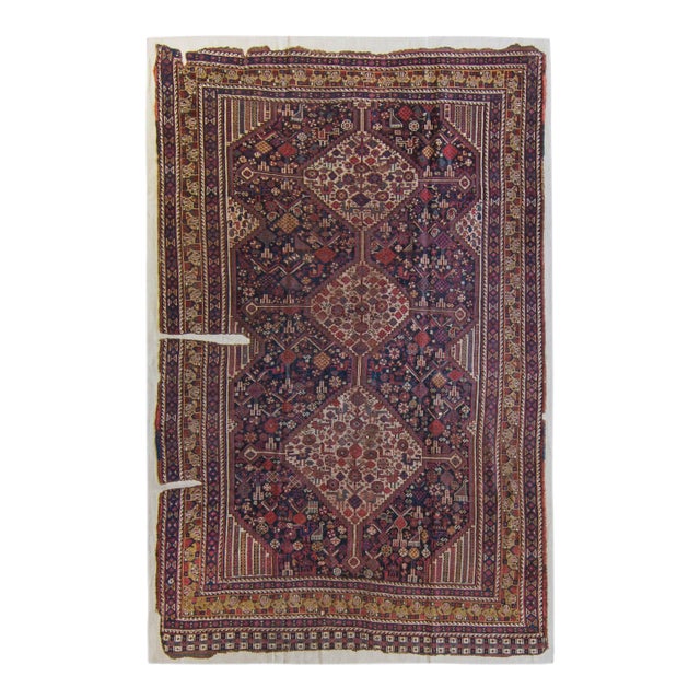 1900s Antique Rug Diamond Medallion Hand Knotted Distressed Wool on Linen Area Rug - 5’5” X 8’4” For Sale