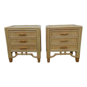 Hollywood Regency Faux Bamboo Caned Large Nightstands End Side Bedside Tables a Pair