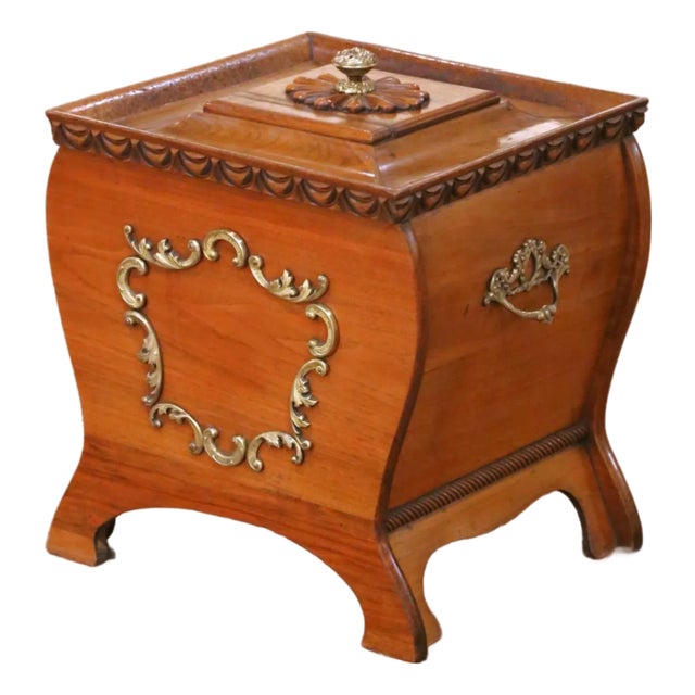 19th Century French Walnut Coal Scuttle With Brass Mounts and Zinc Liner For Sale