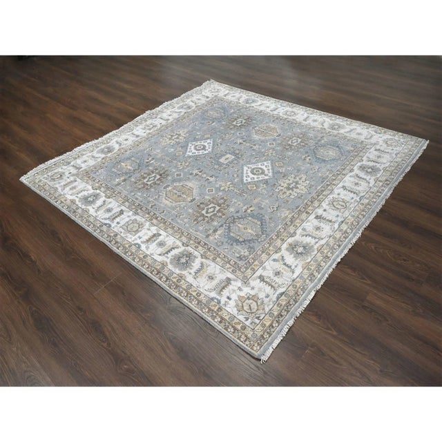 2010s Gray and Ivory, Karajeh Design With Geometric Medallion, Natural Wool, Square Oriental Rug For Sale - Image 9 of 12