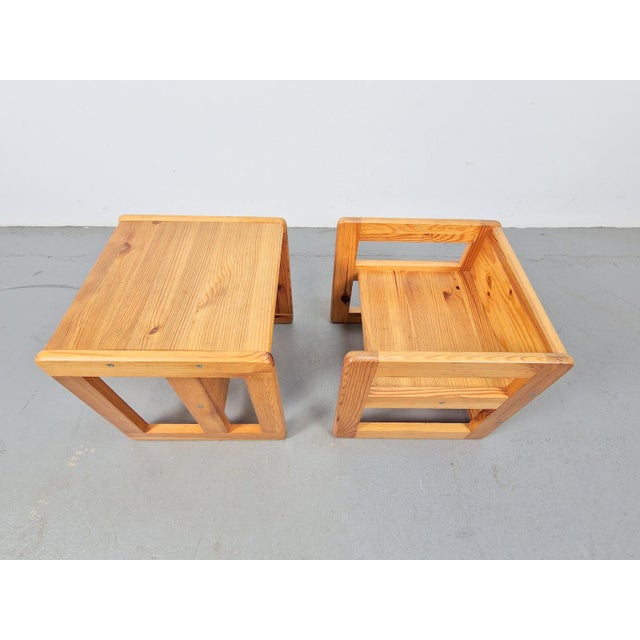 Brown Pine Children's Table Chairs attributed to Marcel Gascoin, France, 1970s, Set of 2 For Sale - Image 8 of 9
