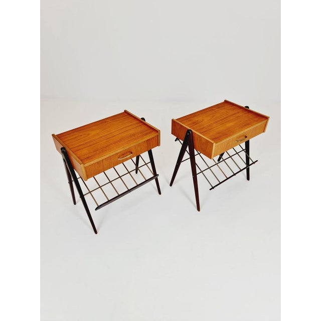 Wood Midcentury Modern Danish Teak and Brass Nightstands, 1960s, Set of 2 For Sale - Image 7 of 11