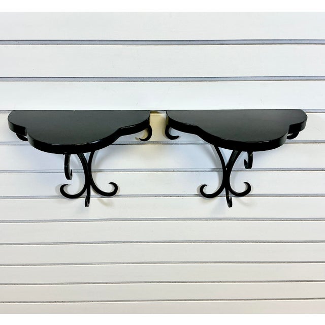 1990s Vintage French Renaissance Style Black Tole Metal Wall Mounted Shelving - A Pair For Sale - Image 6 of 18