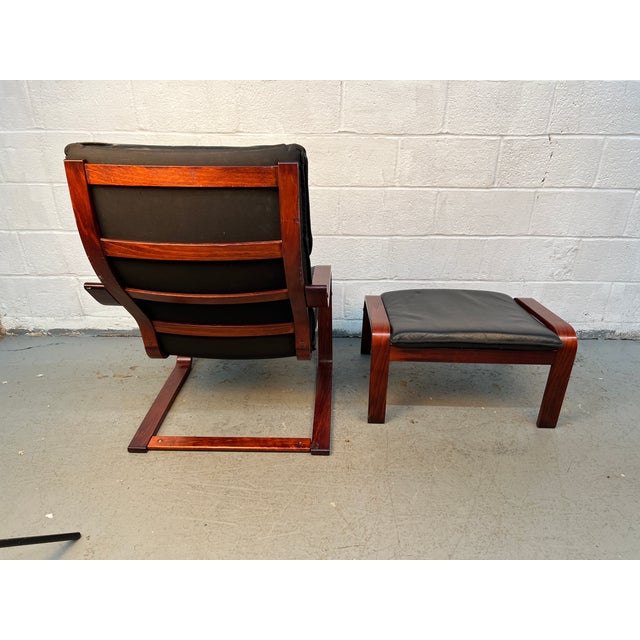 Animal Skin Vintage Black Leather Poäng Chair and Ottoman by Noboru Nakamura for Ikea For Sale - Image 7 of 13