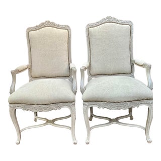 A Pair of Louis XV-Style Contemporary Painted Armchairs Custom Upholstery Nailhaed Trim For Sale