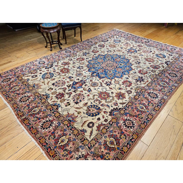 Textile Vintage Persian Tabriz Rug, Hand-Knotted Wool, Palmettes & Sickle Leaves Pattern, Blue & Ivory, 8x12 For Sale - Image 7 of 15