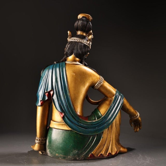 Late 19th Century Polychrome Bronze Guanyin Statue, Seated Bodhisattva, 2.25kg For Sale - Image 4 of 9
