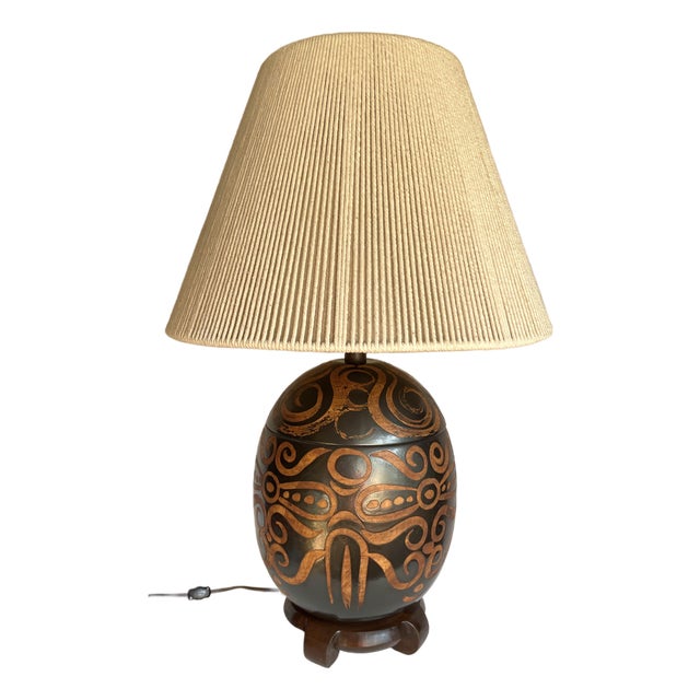 1960's Vintage Organic Modern Sculptural Ceramic Table Lamp With Rope Shade For Sale