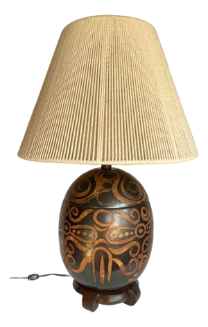 1960's Vintage Organic Modern Sculptural Ceramic Table Lamp With Rope Shade