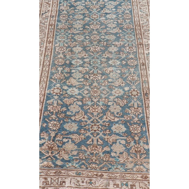 Tribal Hamedan Antique Persian Rug With Sub-Geometric Design in Blues and Neutrals For Sale - Image 3 of 12